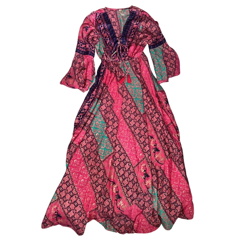 India Boutique Maxi Dress Womens Large Pink Good Boho Patchwork Bell Sleeve L - Picture 9 of 9